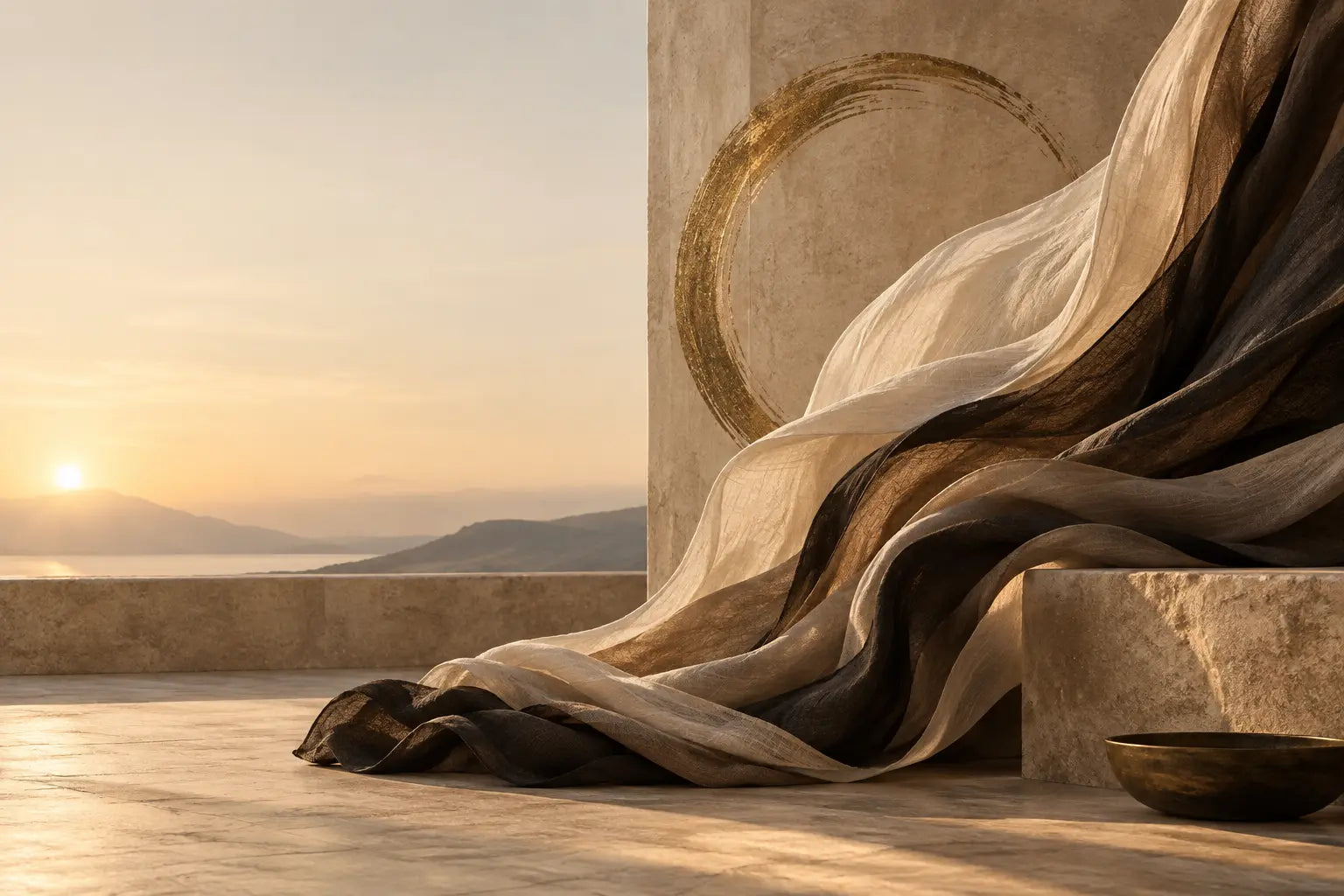 Sculptural ivory and charcoal fabric in warm sunrise light
