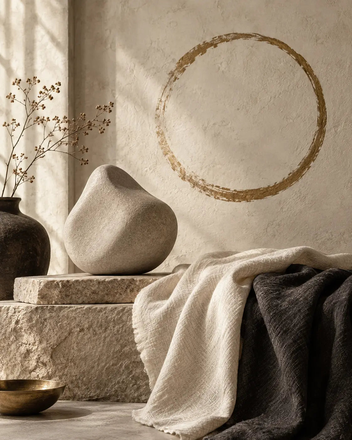 Abstract stone and natural fabric in a warm minimal setting
